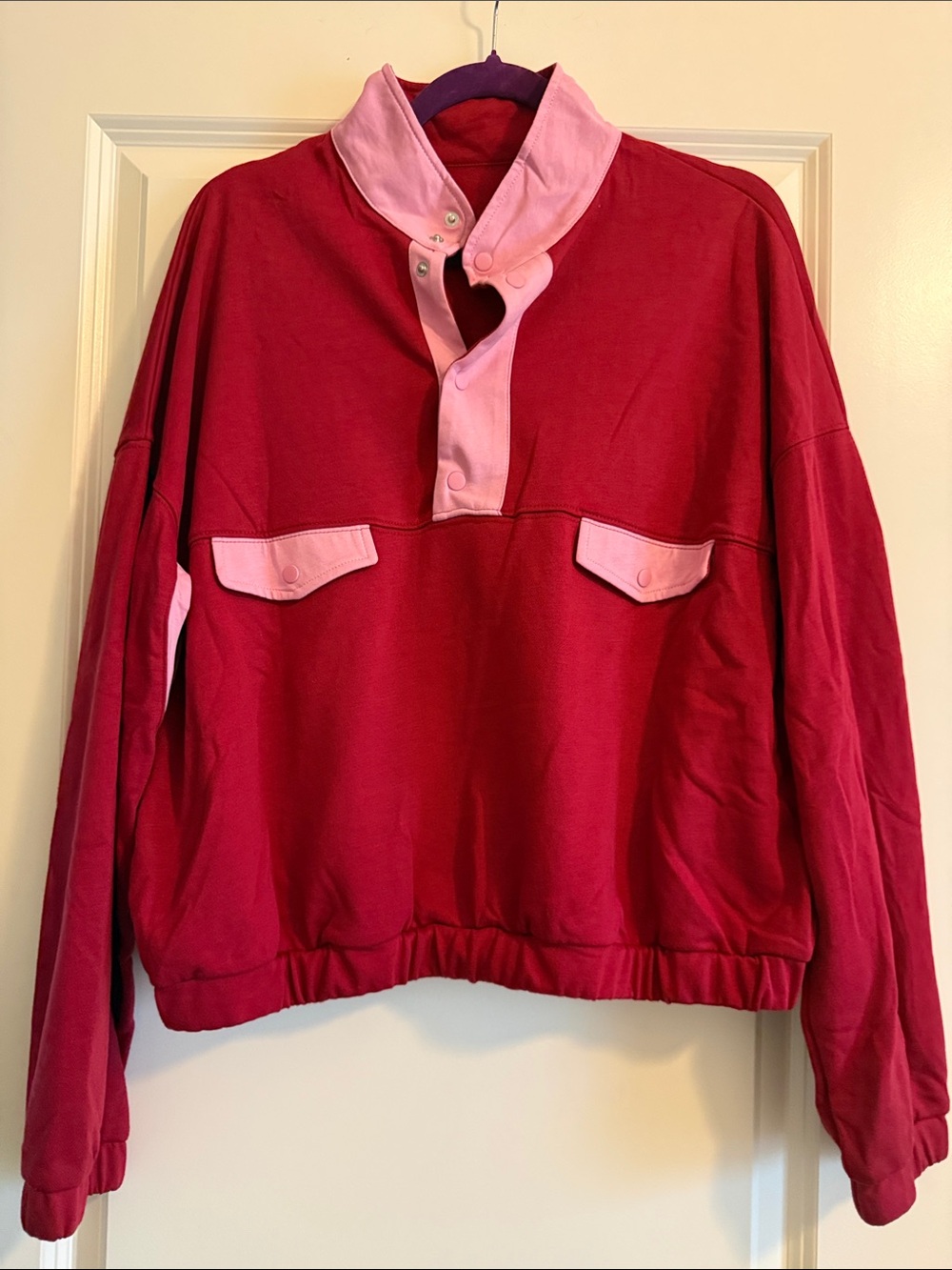 Discount Divas Pink Contrast Snap-Placket Pullover Blouse